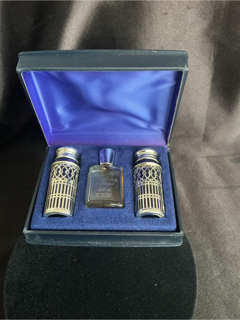 Vintage Perfume Set with Decorative Silver-Tone Salt Pepper Shakers